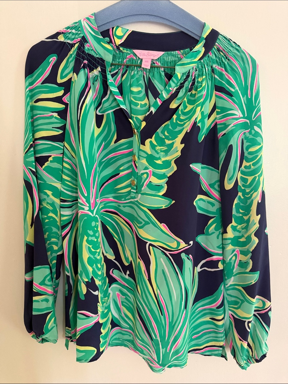 Lilly Pulitzer Elsa Tiger Palm Silk Blouse Navy Green Size XXS